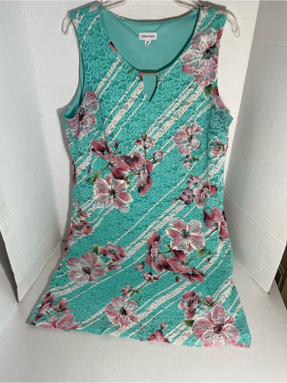 Chole + Rene Floral Sleeveless Dress Teal Pink Keyhole Neck A-Line Size XL - Picture 10 of 12